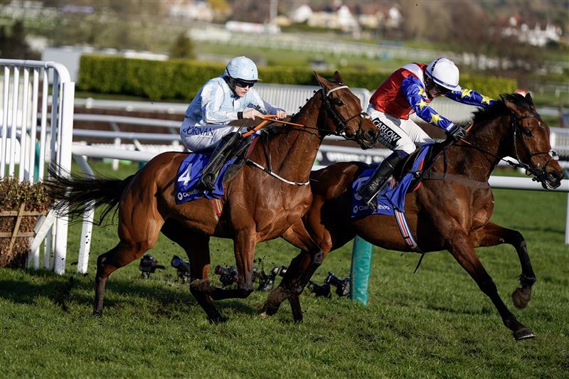 CHELTENHAM, ENGLAND - MARCH 14: Rachael Blackmore riding Honeysuckle (L) clear the last to win The Close Brothers Mares' Hurdle during day one of the Cheltenham Festival 2023 at Cheltenham Racecourse on March 14, 2023 in Cheltenham, England. (Photo by Alan Crowhurst/Getty Images)