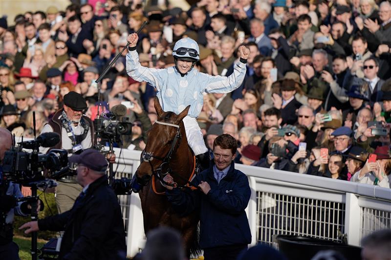 CHELTENHAM, ENGLAND - MARCH 14: Rachael Blackmore returns after riding Honeysuckle to win The Close Brothers Mares' Hurdle during day one of the Cheltenham Festival 2023 at Cheltenham Racecourse on March 14, 2023 in Cheltenham, England. (Photo by Alan Crowhurst/Getty Images)