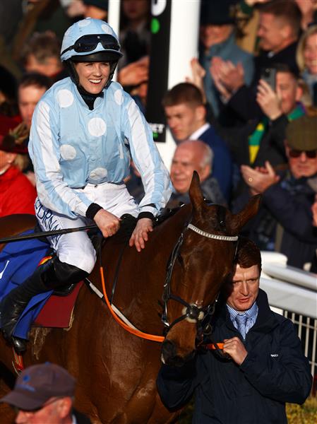 CHELTENHAM, ENGLAND - MARCH 14: Rachael Blackmore celebrates on board Honeysuckle after winning the Close Brothers Mares' Hurdle during day one of the Cheltenham Festival 2023 at Cheltenham Racecourse on March 14, 2023 in Cheltenham, England. (Photo by Michael Steele/Getty Images)