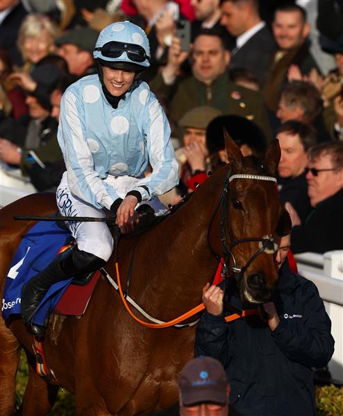 CHELTENHAM, ENGLAND - MARCH 14: Rachael Blackmore celebrates on board Honeysuckle after winning the Close Brothers Mares' Hurdle during day one of the Cheltenham Festival 2023 at Cheltenham Racecourse on March 14, 2023 in Cheltenham, England. (Photo by Michael Steele/Getty Images)