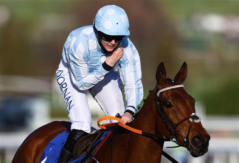 CHELTENHAM, ENGLAND - MARCH 14: Rachael Blackmore celebrates on board Honeysuckle after winning the Close Brothers Mares' Hurdle during day one of the Cheltenham Festival 2023 at Cheltenham Racecourse on March 14, 2023 in Cheltenham, England. (Photo by Michael Steele/Getty Images)