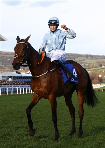 CHELTENHAM, ENGLAND - MARCH 14: Rachael Blackmore celebrates on board Honeysuckle after winning the Close Brothers Mares' Hurdle during day one of the Cheltenham Festival 2023 at Cheltenham Racecourse on March 14, 2023 in Cheltenham, England. (Photo by Michael Steele/Getty Images)