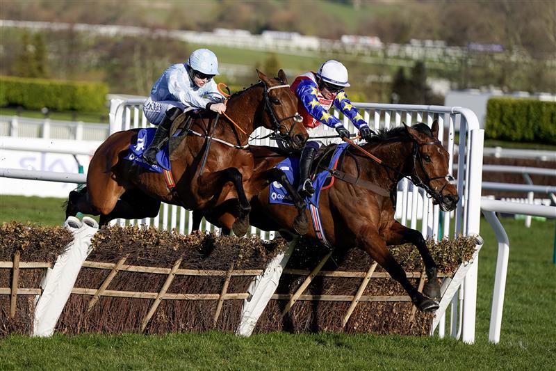 CHELTENHAM, ENGLAND - MARCH 14: Rachael Blackmore riding Honeysuckle (L) clear the last to win The Close Brothers Mares' Hurdle during day one of the Cheltenham Festival 2023 at Cheltenham Racecourse on March 14, 2023 in Cheltenham, England. (Photo by Alan Crowhurst/Getty Images)