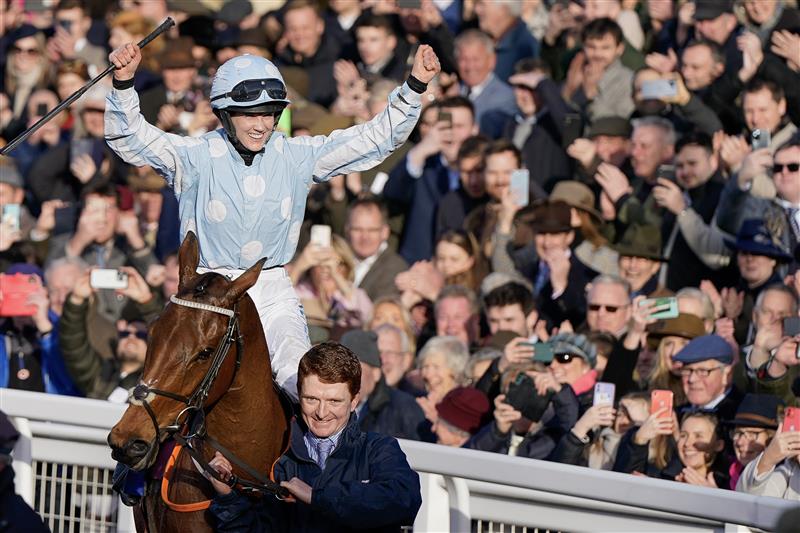 CHELTENHAM, ENGLAND - MARCH 14: Rachael Blackmore returns after riding Honeysuckle to win The Close Brothers Mares' Hurdle during day one of the Cheltenham Festival 2023 at Cheltenham Racecourse on March 14, 2023 in Cheltenham, England. (Photo by Alan Crowhurst/Getty Images)