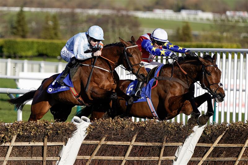 CHELTENHAM, ENGLAND - MARCH 14: Rachael Blackmore riding Honeysuckle (L) clear the last to win The Close Brothers Mares' Hurdle during day one of the Cheltenham Festival 2023 at Cheltenham Racecourse on March 14, 2023 in Cheltenham, England. (Photo by Alan Crowhurst/Getty Images)