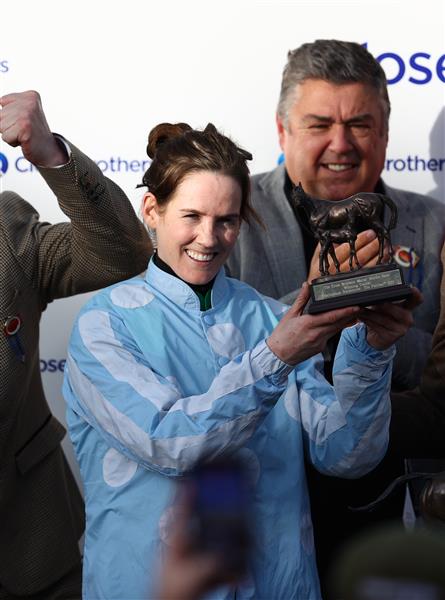 CHELTENHAM, ENGLAND - MARCH 14: Rachael Blackmore poses after winning the Close Brothers Mares' Hurdle on board Honeysuckle during day one of the Cheltenham Festival 2023 at Cheltenham Racecourse on March 14, 2023 in Cheltenham, England. (Photo by Michael Steele/Getty Images)
