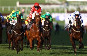 CHELTENHAM, ENGLAND - MARCH 14: Michael O'Sullivan celebrates on board Jazzy Matty after winning the Boodles Juvenile Handicap Hurdle during day one of the Cheltenham Festival 2023 at Cheltenham Racecourse on March 14, 2023 in Cheltenham, England. (Photo by Michael Steele/Getty Images)