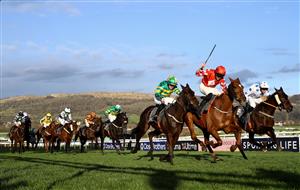 CHELTENHAM, ENGLAND - MARCH 14: Michael O'Sullivan celebrates on board Jazzy Matty after winning the Boodles Juvenile Handicap Hurdle during day one of the Cheltenham Festival 2023 at Cheltenham Racecourse on March 14, 2023 in Cheltenham, England. (Photo by Michael Steele/Getty Images)