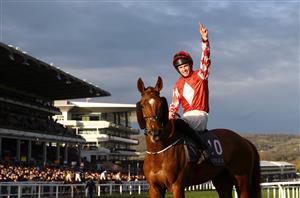 CHELTENHAM, ENGLAND - MARCH 14: Michael O'Sullivan celebrates on board Jazzy Matty after winning the Boodles Juvenile Handicap Hurdle during day one of the Cheltenham Festival 2023 at Cheltenham Racecourse on March 14, 2023 in Cheltenham, England. (Photo by Michael Steele/Getty Images)