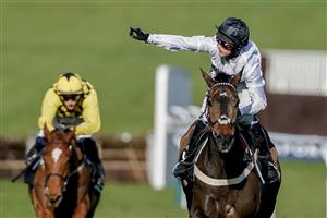 CHELTENHAM, ENGLAND - MARCH 14: Nico de Boinville riding Constitution Hill (white) win The Unibet Champion Hurdle Challenge Trophy during day one of the Cheltenham Festival 2023 at Cheltenham Racecourse on March 14, 2023 in Cheltenham, England. (Photo by Alan Crowhurst/Getty Images)