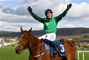CHELTENHAM, ENGLAND - MARCH 14: Paul Townend celebrates on board El Fabiolo after winning the Sporting Life Arkle Challenge Trophy Novices' Chase during day one of the Cheltenham Festival 2023 at Cheltenham Racecourse on March 14, 2023 in Cheltenham, England. (Photo by Michael Steele/Getty Images)