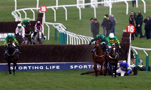 CHELTENHAM, ENGLAND - MARCH 14: El Fabiolo ridden by Paul Townend jumps the last ahead of Jonbon ridden by Aidan Coleman on their way to winning the Sporting Life Arkle Challenge Trophy Novices' Chase during day one of the Cheltenham Festival 2023 at Cheltenham Racecourse on March 14, 2023 in Cheltenham, England. (Photo by Michael Steele/Getty Images)