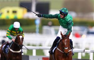 CHELTENHAM, ENGLAND - MARCH 14: Paul Townend celebrates on board El Fabiolo after winning the Sporting Life Arkle Challenge Trophy Novices' Chase during day one of the Cheltenham Festival 2023 at Cheltenham Racecourse on March 14, 2023 in Cheltenham, England. (Photo by Michael Steele/Getty Images)