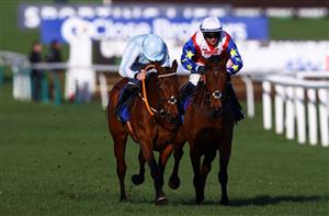CHELTENHAM, ENGLAND - MARCH 14: Rachael Blackmore on board Honeysuckle leads Jonathan Burke on board Love Envoi to win the Close Brothers Mares' Hurdle during day one of the Cheltenham Festival 2023 at Cheltenham Racecourse on March 14, 2023 in Cheltenham, England. (Photo by Michael Steele/Getty Images)
