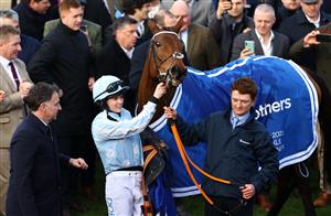 CHELTENHAM, ENGLAND - MARCH 14: Rachael Blackmore celebrates alongside Trainer Henry De Bromhead after winning the Close Brothers Mares' Hurdle on board Honeysuckle during day one of the Cheltenham Festival 2023 at Cheltenham Racecourse on March 14, 2023 in Cheltenham, England. (Photo by Michael Steele/Getty Images)