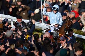 CHELTENHAM, ENGLAND - MARCH 14: Rachael Blackmore celebrates on board Honeysuckle after winning the Close Brothers Mares' Hurdle during day one of the Cheltenham Festival 2023 at Cheltenham Racecourse on March 14, 2023 in Cheltenham, England. (Photo by Michael Steele/Getty Images)
