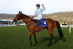 CHELTENHAM, ENGLAND - MARCH 14: Rachael Blackmore celebrates on board Honeysuckle after winning the Close Brothers Mares' Hurdle during day one of the Cheltenham Festival 2023 at Cheltenham Racecourse on March 14, 2023 in Cheltenham, England. (Photo by Michael Steele/Getty Images)