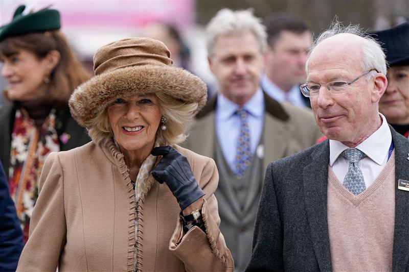 CHELTENHAM, ENGLAND - MARCH 15: Camilla, Queen Consort arrives at the track during day two of the Cheltenham Festival 2023 at Cheltenham Racecourse on March 15, 2023 in Cheltenham, England. (Photo by Alan Crowhurst/Getty Images)