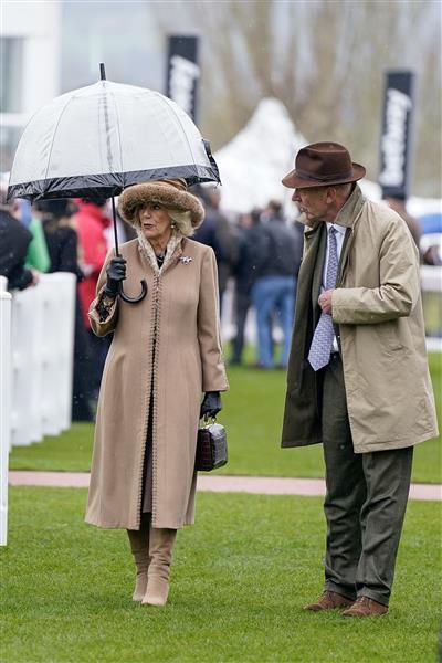 CHELTENHAM, ENGLAND - MARCH 15: Camilla, Queen Consort during day two of the Cheltenham Festival 2023 at Cheltenham Racecourse on March 15, 2023 in Cheltenham, England. (Photo by Alan Crowhurst/Getty Images)
