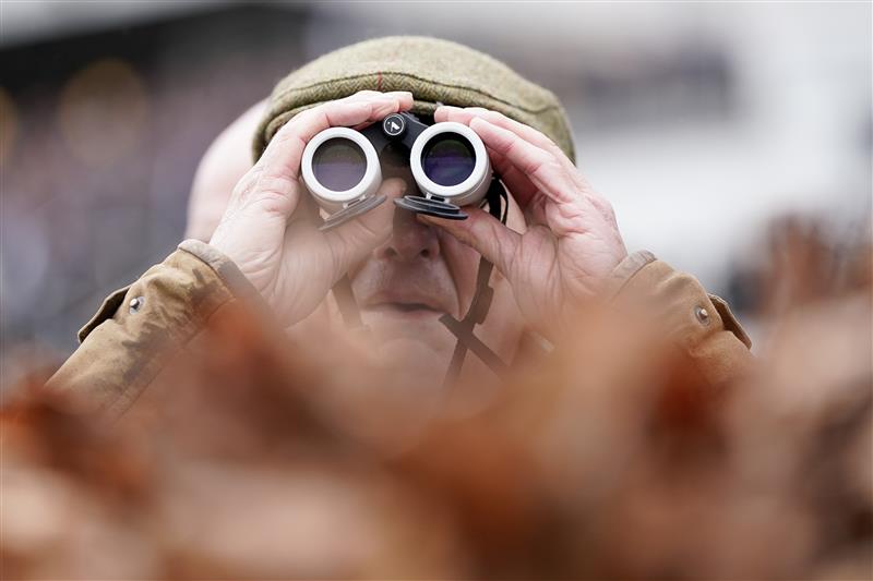 CHELTENHAM, ENGLAND - MARCH 15: Keeping an eye on the action during day two of the Cheltenham Festival 2023 at Cheltenham Racecourse on March 15, 2023 in Cheltenham, England. (Photo by Alan Crowhurst/Getty Images)
