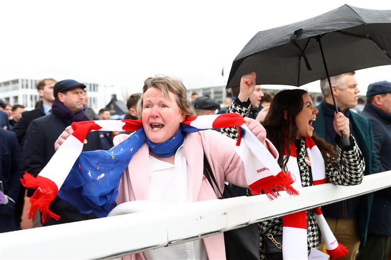 CHELTENHAM, ENGLAND - MARCH 15: Owners and trainers watch The Real Whacker win the Brown Advisory Novices' Chase during day two of the Cheltenham Festival 2023 at Cheltenham Racecourse on March 15, 2023 in Cheltenham, England. (Photo by Michael Steele/Getty Images)