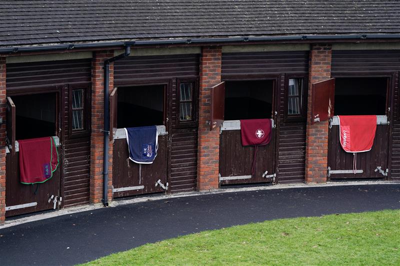 CHELTENHAM, ENGLAND - MARCH 15: Rugs hang over the stable doors in the pre parade ring during day two of the Cheltenham Festival 2023 at Cheltenham Racecourse on March 15, 2023 in Cheltenham, England. (Photo by Alan Crowhurst/Getty Images)