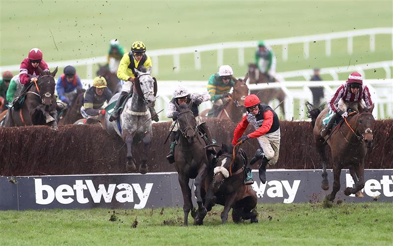 CHELTENHAM, ENGLAND - MARCH 15: Harry Cobden riding Thyme White is unseated during the Grand Annual Chase during day two of the Cheltenham Festival 2023 at Cheltenham Racecourse on March 15, 2023 in Cheltenham, England. (Photo by Michael Steele/Getty Images)