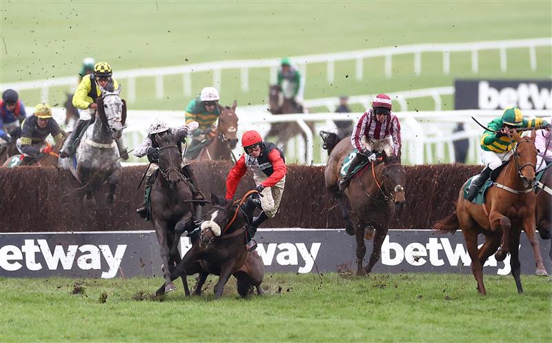 CHELTENHAM, ENGLAND - MARCH 15: Harry Cobden riding Thyme White is unseated during the Grand Annual Chase during day two of the Cheltenham Festival 2023 at Cheltenham Racecourse on March 15, 2023 in Cheltenham, England. (Photo by Michael Steele/Getty Images)