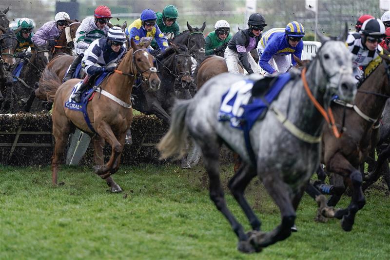 CHELTENHAM, ENGLAND - MARCH 15: Harry Skelton riding Langer Dan (C, blue/yellow) on their way to victory in The Coral Cup Handicap Hurdle during day two of the Cheltenham Festival 2023 at Cheltenham Racecourse on March 15, 2023 in Cheltenham, England. (Photo by Alan Crowhurst/Getty Images)
