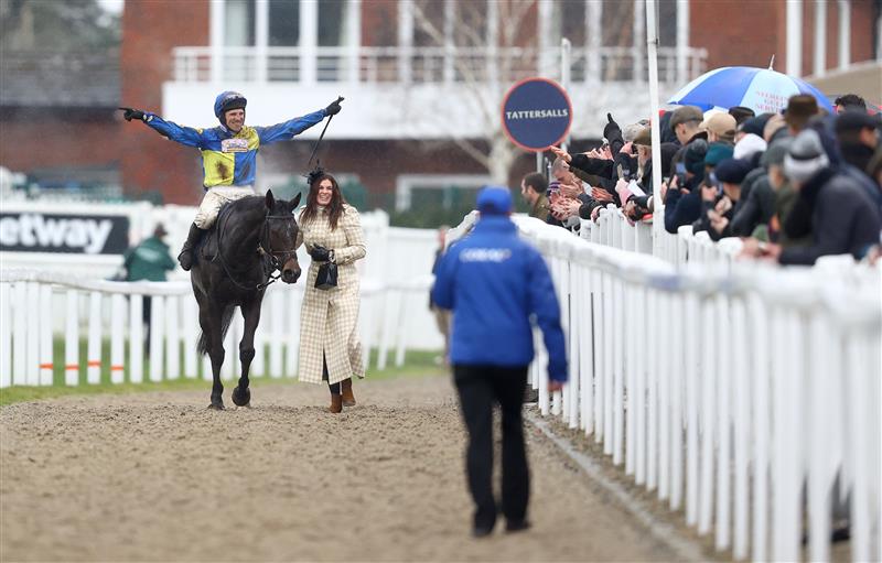 CHELTENHAM, ENGLAND - MARCH 15: Harry Skelton riding Langer Dan celebrates victory in the Coral Cup Hurdle during day two of the Cheltenham Festival 2023 at Cheltenham Racecourse on March 15, 2023 in Cheltenham, England. (Photo by Michael Steele/Getty Images)