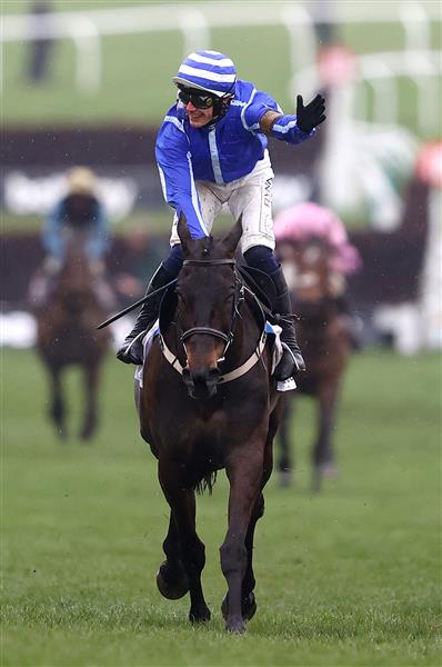 CHELTENHAM, ENGLAND - MARCH 15: Paul Townend riding Energumene celebrates victory in the Champion Chase during day two of the Cheltenham Festival 2023 at Cheltenham Racecourse on March 15, 2023 in Cheltenham, England. (Photo by Michael Steele/Getty Images)