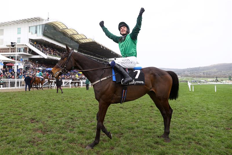 CHELTENHAM, ENGLAND - MARCH 15: Paul Townend riding Impaire Et Passe celebrates winning the Ballymore Novices' Hurdle during day two of the Cheltenham Festival 2023 at Cheltenham Racecourse on March 15, 2023 in Cheltenham, England. (Photo by Michael Steele/Getty Images)