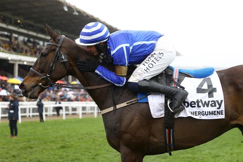 CHELTENHAM, ENGLAND - MARCH 15: Paul Townend riding Energumene celebrates victory in the Champion Chase during day two of the Cheltenham Festival 2023 at Cheltenham Racecourse on March 15, 2023 in Cheltenham, England. (Photo by Michael Steele/Getty Images)
