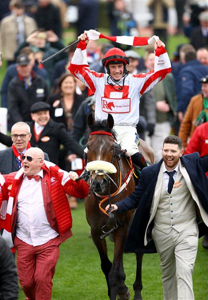 CHELTENHAM, ENGLAND - MARCH 15: Sam Twiston-Davies riding The Real Whacker celebrates winning the Brown Advisory Novices' Chase during day two of the Cheltenham Festival 2023 at Cheltenham Racecourse on March 15, 2023 in Cheltenham, England. (Photo by Michael Steele/Getty Images)