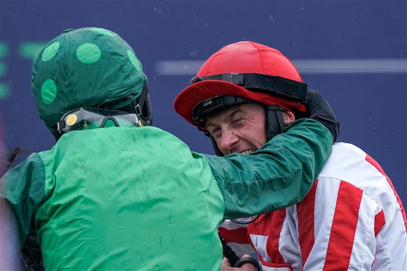 CHELTENHAM, ENGLAND - MARCH 15: Sam Twiston-Davies after the photo finish goes his way after riding The Real Whacker to win The Brown Advisory Novices' Chase during day two of the Cheltenham Festival 2023 at Cheltenham Racecourse on March 15, 2023 in Cheltenham, England. (Photo by Alan Crowhurst/Getty Images)