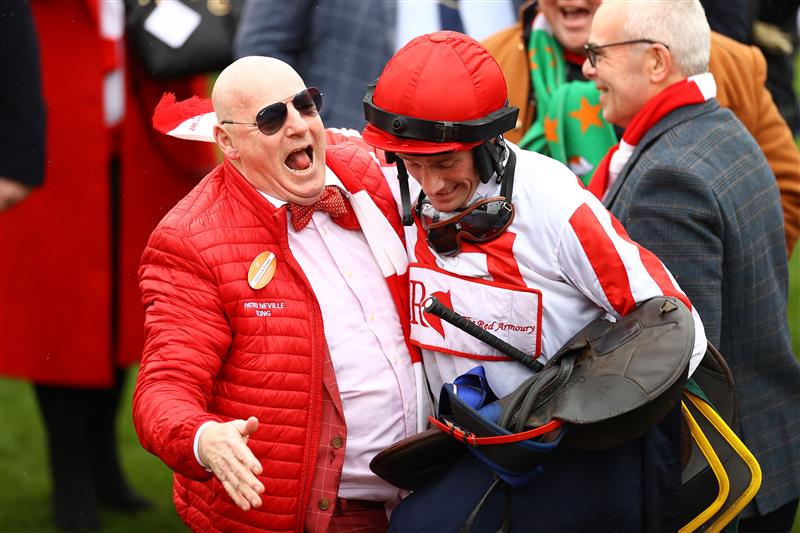 CHELTENHAM, ENGLAND - MARCH 15: Sam Twiston-Davies celebrates after riding The Real Whacker to win the Brown Advisory Novices' Chase during day two of the Cheltenham Festival 2023 at Cheltenham Racecourse on March 15, 2023 in Cheltenham, England. (Photo by Michael Steele/Getty Images)