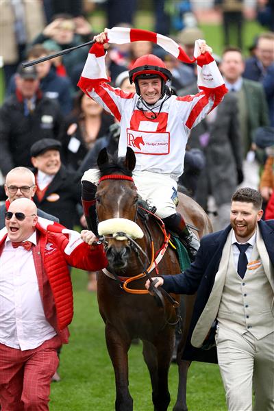 CHELTENHAM, ENGLAND - MARCH 15: Sam Twiston-Davies riding The Real Whacker celebrates winning the Brown Advisory Novices' Chase during day two of the Cheltenham Festival 2023 at Cheltenham Racecourse on March 15, 2023 in Cheltenham, England. (Photo by Michael Steele/Getty Images)