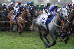 CHELTENHAM, ENGLAND - MARCH 15: Harry Skelton riding Langer Dan (C, blue/yellow) on their way to victory in The Coral Cup Handicap Hurdle during day two of the Cheltenham Festival 2023 at Cheltenham Racecourse on March 15, 2023 in Cheltenham, England. (Photo by Alan Crowhurst/Getty Images)