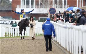 CHELTENHAM, ENGLAND - MARCH 15: Harry Skelton riding Langer Dan celebrates victory in the Coral Cup Hurdle during day two of the Cheltenham Festival 2023 at Cheltenham Racecourse on March 15, 2023 in Cheltenham, England. (Photo by Michael Steele/Getty Images)