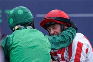 CHELTENHAM, ENGLAND - MARCH 15: Sam Twiston-Davies after the photo finish goes his way after riding The Real Whacker to win The Brown Advisory Novices' Chase during day two of the Cheltenham Festival 2023 at Cheltenham Racecourse on March 15, 2023 in Cheltenham, England. (Photo by Alan Crowhurst/Getty Images)