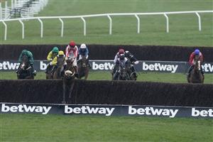 CHELTENHAM, ENGLAND - MARCH 15: Sam Twiston-Davies riding The Real Whacker (red/white) clear the last to win The Brown Advisory Novices' Chase during day two of the Cheltenham Festival 2023 at Cheltenham Racecourse on March 15, 2023 in Cheltenham, England. (Photo by Alan Crowhurst/Getty Images)