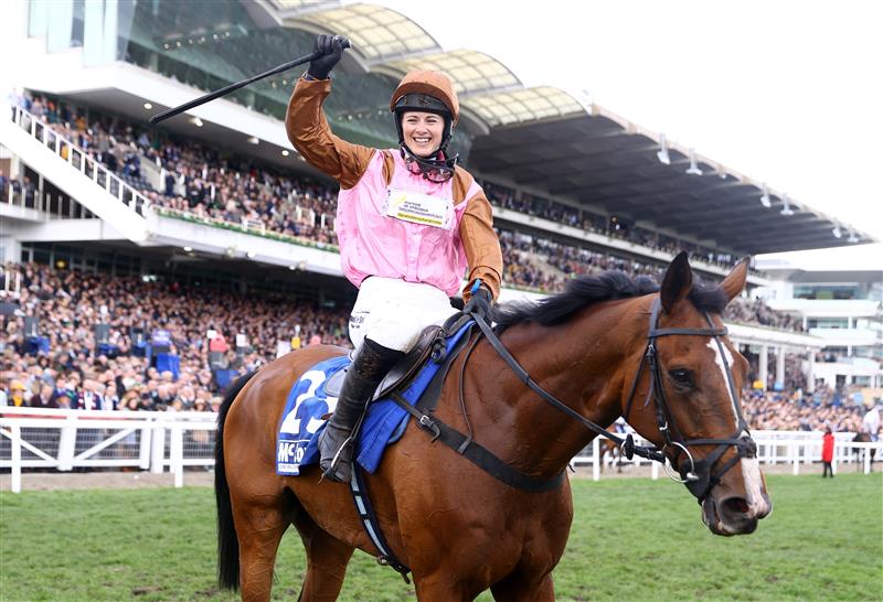 CHELTENHAM, ENGLAND - MARCH 17: Bridget Andrews on board Faivoir celebrates after winning the McCoy Contractors County Handicap Hurdle during day four of the Cheltenham Festival 2023 at Cheltenham Racecourse on March 17, 2023 in Cheltenham, England. (Photo by Michael Steele/Getty Images)