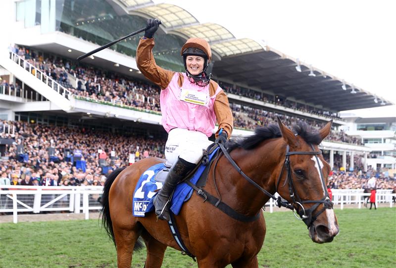 CHELTENHAM, ENGLAND - MARCH 17: Bridget Andrews on board Faivoir celebrates after winning the McCoy Contractors County Handicap Hurdle during day four of the Cheltenham Festival 2023 at Cheltenham Racecourse on March 17, 2023 in Cheltenham, England. (Photo by Michael Steele/Getty Images)