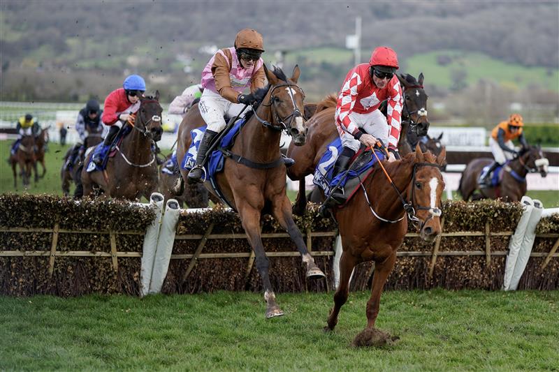 CHELTENHAM, ENGLAND - MARCH 17: Bridget Andrews riding Faivoir (L, brown) clear the last to win The McCoy Contractors County Handicap Hurdle during day four of the Cheltenham Festival 2023 at Cheltenham Racecourse on March 17, 2023 in Cheltenham, England. (Photo by Alan Crowhurst/Getty Images)