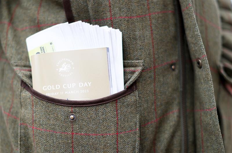 CHELTENHAM, ENGLAND - MARCH 17: Detailed view of a Gold Cup Racecard during day four of the Cheltenham Festival 2023 at Cheltenham Racecourse on March 17, 2023 in Cheltenham, England. (Photo by Ryan Pierse/Getty Images)