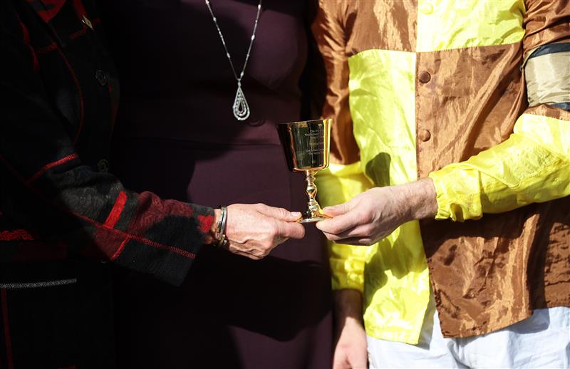 CHELTENHAM, ENGLAND - MARCH 17: Paul Townend poses alongside Anne, Princess Royal after winning the Boodles Cheltenham Gold Cup Chase on board Galopin Des Champs during day four of the Cheltenham Festival 2023 at Cheltenham Racecourse on March 17, 2023 in Cheltenham, England. (Photo by Ryan Pierse/Getty Images)