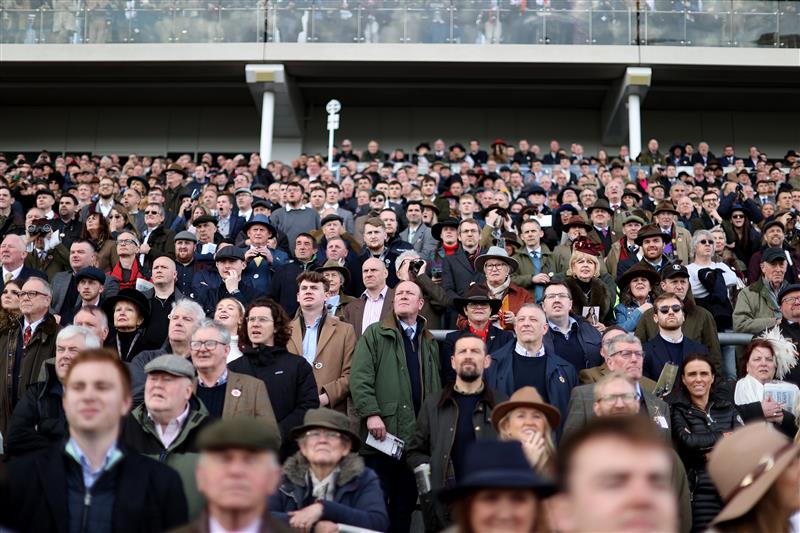 CHELTENHAM, ENGLAND - MARCH 17: Racegoers look on during the McCoy Contractors County Handicap Hurdle during day four of the Cheltenham Festival 2023 at Cheltenham Racecourse on March 17, 2023 in Cheltenham, England. (Photo by Ryan Pierse/Getty Images)