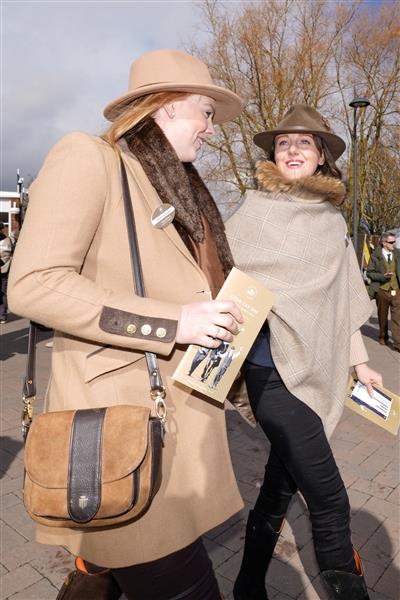CHELTENHAM, ENGLAND - MARCH 17: Racegoers and fashion during day four of the Cheltenham Festival 2023 at Cheltenham Racecourse on March 17, 2023 in Cheltenham, England. (Photo by Alan Crowhurst/Getty Images)