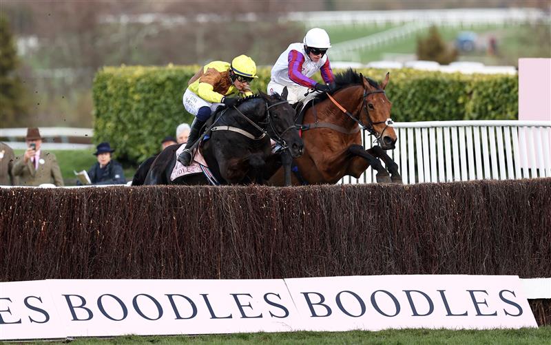 CHELTENHAM, ENGLAND - MARCH 17: Paul Townend on board Galopin Des Champs (L) jumps the last ahead of Harry Cobden on board Bravemansgame on their way to winning the Boodles Cheltenham Gold Cup Chase during day four of the Cheltenham Festival 2023 at Cheltenham Racecourse on March 17, 2023 in Cheltenham, England. (Photo by Ryan Pierse/Getty Images)