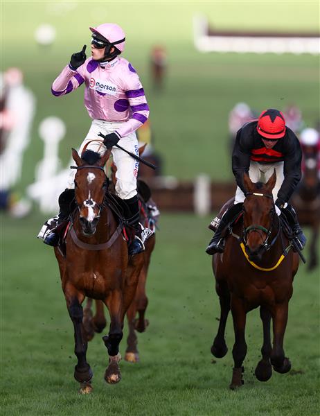 CHELTENHAM, ENGLAND - MARCH 17: Harry Cobden on board Stay Away Fay (L) on their way to winning the Albert Bartlett Novices Hurdle during day four of the Cheltenham Festival 2023 at Cheltenham Racecourse on March 17, 2023 in Cheltenham, England. (Photo by Michael Steele/Getty Images)